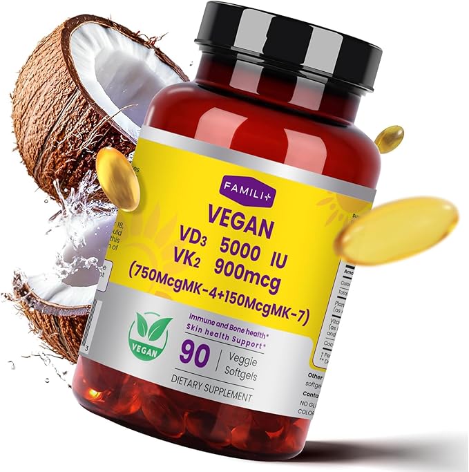 FAMILI+ 90 Days Vegan Vitamin D3 5000IU +K2 900Mcg Softgel with Coconut MCT Oil | 5000IU Plant Source Vitamin D3+750Mcg MK4+150Mcg MK7 | Broad Spectrum K2| Bone Muscel Teeth Overall Health|100% Vegan