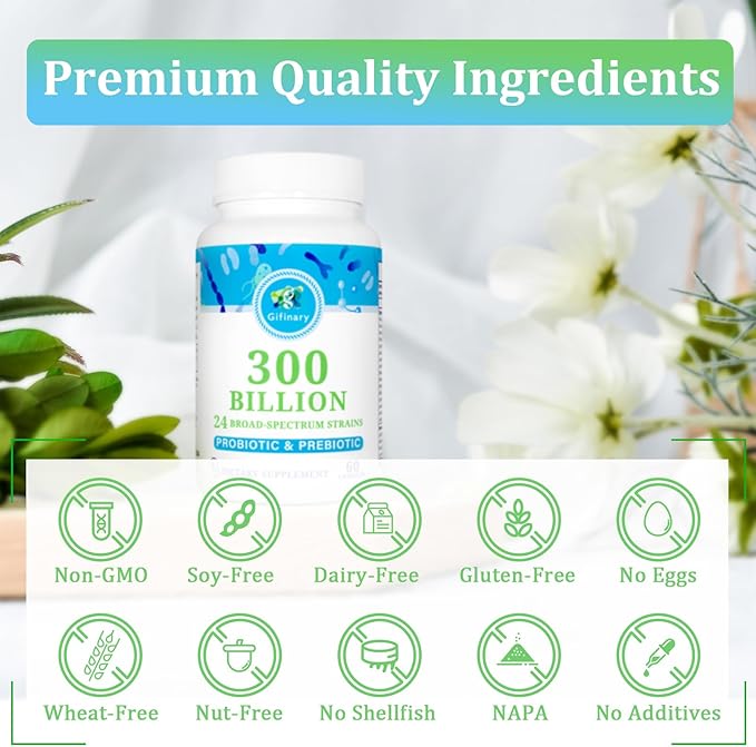 Probiotics for Women &amp Men - 300 Billion CFU 24 Strains Probiotics + 15 Organic Herbs Prebiotics for Digestive Gut Health Immune Constipation Diarrhea &amp Whole-Body Health - 2 Months Suppl