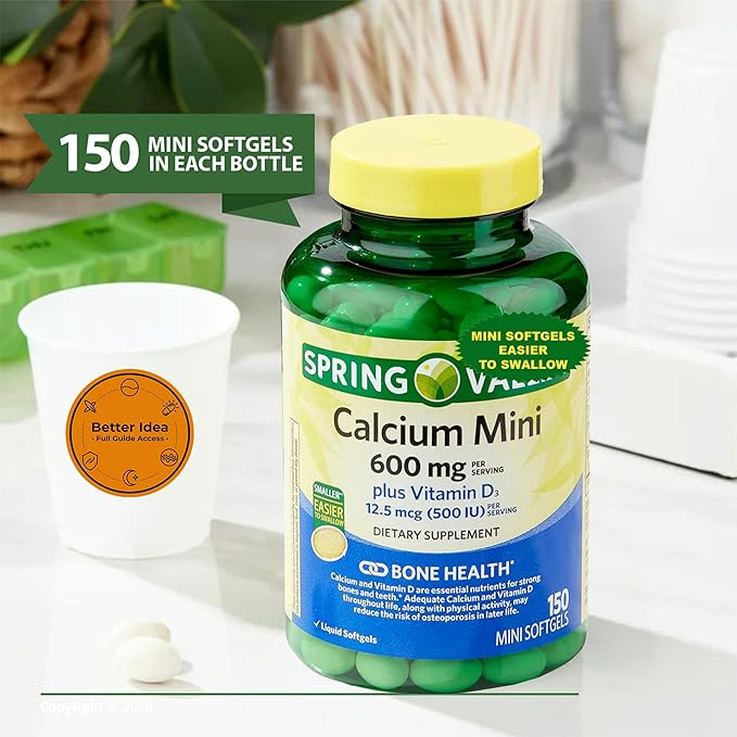 Spring Calcium Plus Vitamin D3 150 Mini Softgels | Calcium Supplement | Easier to Swallow | CaIcium 600 mg with Vitamin d3 | 150 Mini Softgels + Better Idea Sticker with Full Guide Access