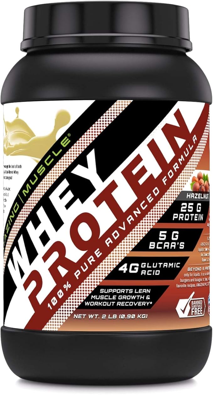 Amazing Muscle Whey Protein Isolate &amp Concentrate Powder | 25 G Protein per Serving | Non-GMO | Gluten-Free (2 LB Hazelnut)