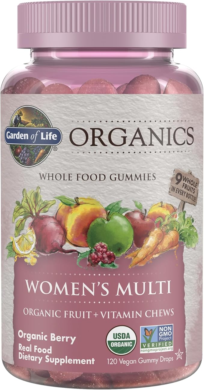 Garden of Life Organics Women's Gummy Vitamins - Berry - Certified Organic Non-GMO Vegan Kosher Complete Multi - Methyl B12 C &amp D3 - Gluten Soy &amp Dairy Free 120 Real Fruit Gummies