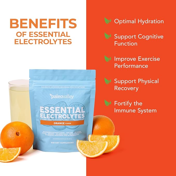 Paleovalley Essential Electrolytes Powder - Full Spectrum Orange Electrolyte Powder for Hydration Energy and Muscle Recovery - No Sugar Added - 30 Servings