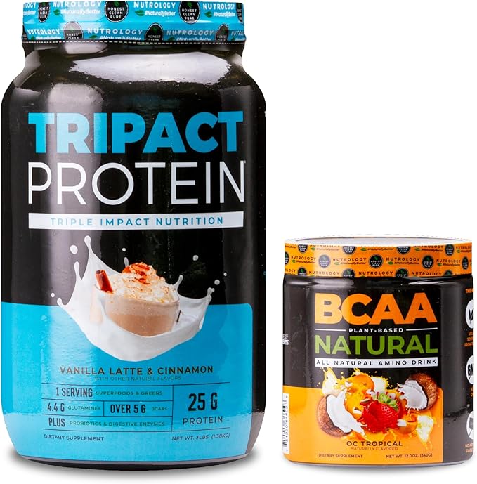 Nutrology TRIPACT Protein Powder 7-in-1 Meal Replacement Shake Vanilla Latte Cinnamon Flavor (40 Servings) BCAA Natural Plant Based BCAA Powder Orange Coconut Flavor (30 Servings)