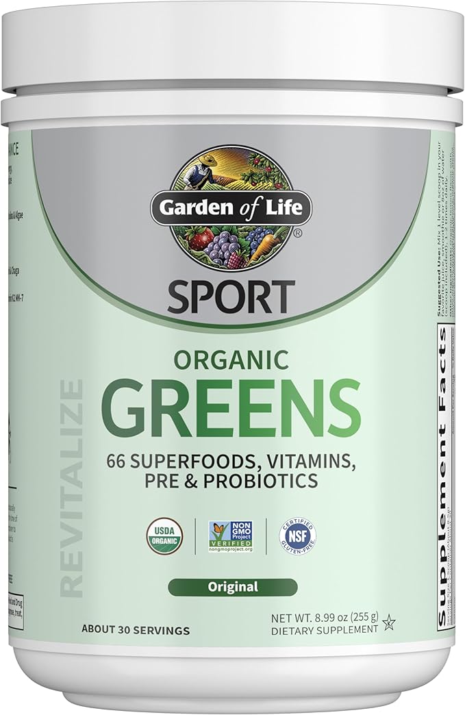 Garden of Life Sport Nutrition Greens and Superfoods Powder for Women and Men - Unflavored Organic Blend - Spirulina Fruit Vitamins Pre &amp Probiotics Mushrooms Athletic Supplements 30 Servin