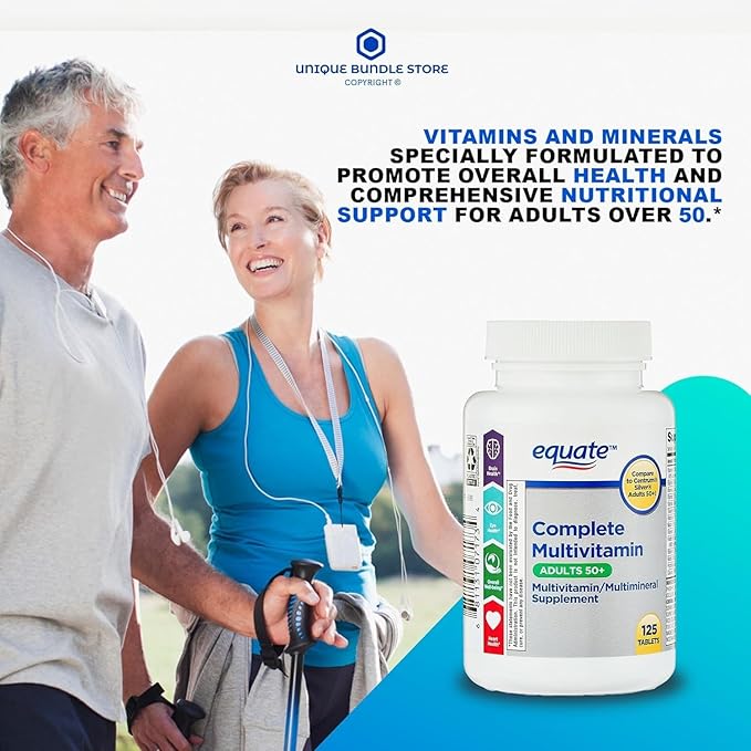 Equate Adult 50+ One Daily Complete Multivitamin/Multimineral Supplement 125 Tablets Comprehensive Multivitamin for Adults Over 50 + Createandbundle Sticker