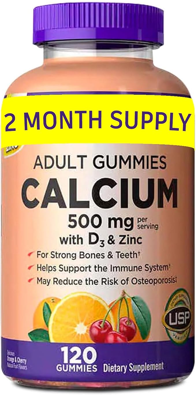 KS Calcium 500 mg with Vitamin D3 1000 IU &amp Zinc – 120 Gummies (2-Month Supply) – Bone Teeth &amp Immune Support for Adults – Natural Orange &amp Cherry Flavors – USP Verified