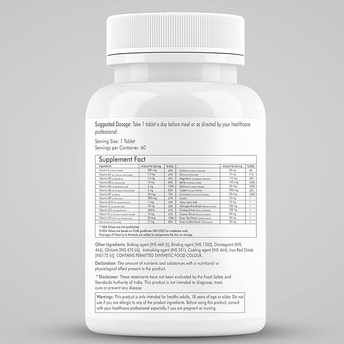 Multivitamin with Biotin Vitamin C &amp 21 Nutrients for Overall Health Radiance Strong Bones &amp Immunity (Veg) 60 Tablets (Pack of 1)