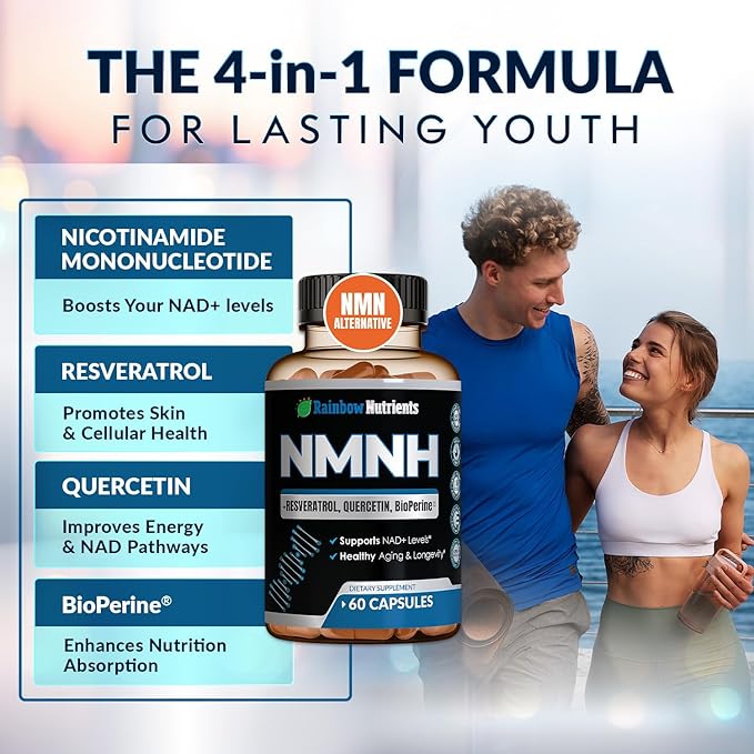 NMNH Supplement (NMN Alternative) NAD Booster for Anti-Aging Cellular Energy &amp Nice Skin- Dihydronicotinamide mononucleotide Resveratrol Quercetin &amp BioPerine® for Max Absorption- 60 caps
