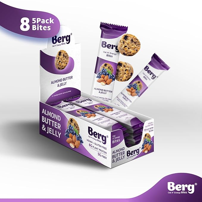 Berg Bites Plant-Based Almond Butter &amp Jelly Bites Vegan Gluten-Free 6g Protein 5g Fiber Energy Snack Box - Clean Energy Healthy Snack Bar - 1.5oz (8 Pack)
