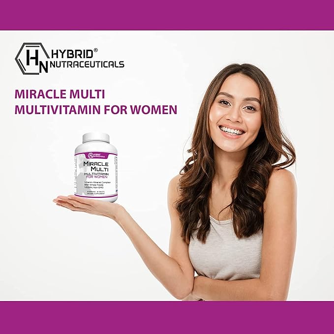 Hybrid Nutraceuticals MiracleMulti Women Multivitamin with Probiotics Biotin Folic Acid Enzymes + Fruit &amp Vegetable Blend - Immune Support Heart Health Energy: 60 Servings (Non-GMO)