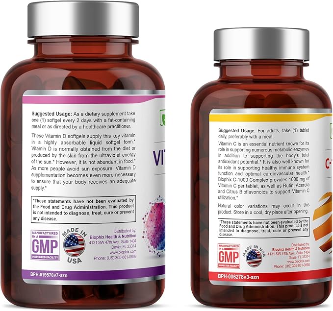 biophix Vitamin D-3 10000 IU 380 Softgels - Free Vitamin C-1000 30 Tablets -High-Potency in Extra Virgin Olive Oil Non-GMO Soy-Free Supports Strong Bones Immune Health