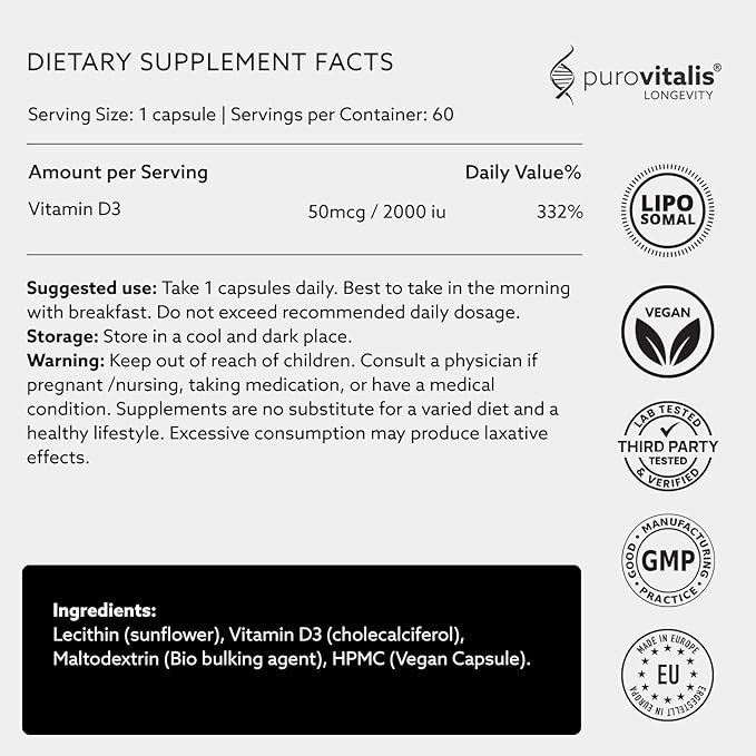 PUROVITALIS Liposomal Vitamin D3 2000iu 60 Servings (60 Vegan Capsules) High Strength Anti-oxidant Supplement