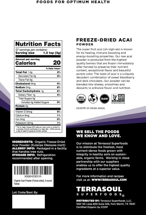Terrasoul Superfoods Organic Acai Berry Powder 16 Oz (Pack of 4) Freeze-Dried for Freshness Omega Fats Boost for Smoothie Bowls and Antioxidant-Packed Superfoods Recipes