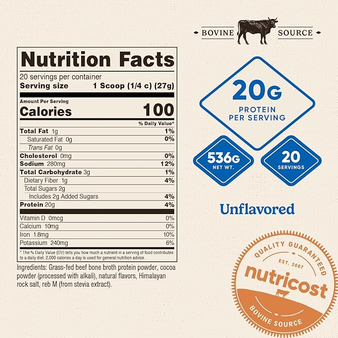 Nutricost Beef Bone Broth Protein Powder Chocolate (20 Servings) - Gluten-Free GMO-Free