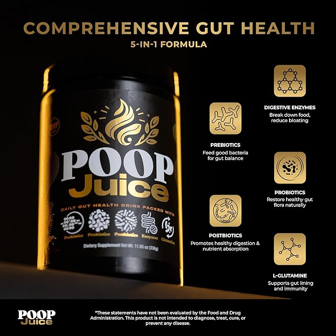 Poop Juice 5-in-1 Daily Fiber Supplement Powder - Bloat &amp Poop Relief - Prebiotic Probiotic Postbiotic Digestive Enzymes L-Glutamine - GLP-1 Support - Sugar-Free Georgia Peach Mango (30 Servin