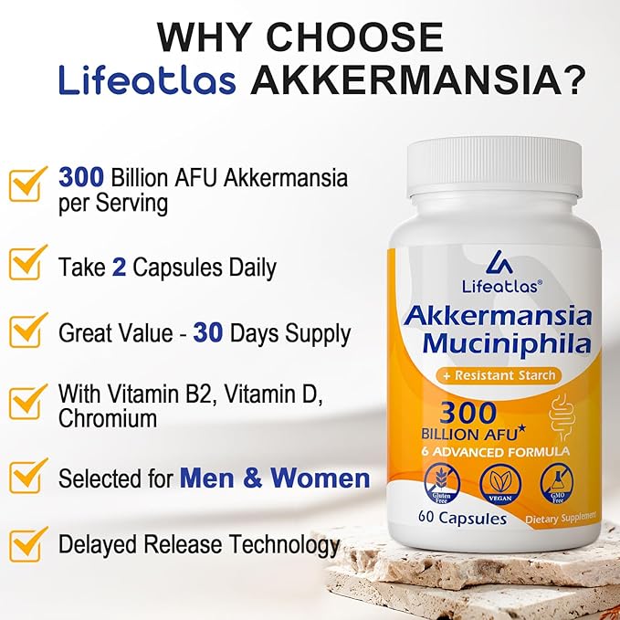 Lifeatlas Akkermansia Supplement Probiotic | Akkermansia with 300 Billion AFU Akkermansia Probiotic 6-in-1 Akkermansia Probiotics for Women and Men Daily Akkermansia Supplement 120 Caps