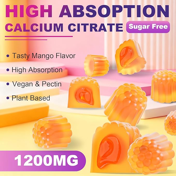 Calcium Citrate 1200mg with Vitamin D3 Gummies Chewable Algae Calcium Supplements for Women &amp Men Bone Muscle &amp Immune Support with Vitamin K2 Magnesium &amp Zinc Citrate Mango Flavor