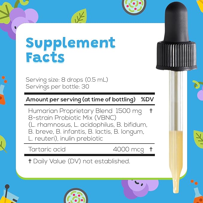 Probonix Humarian for Kids Aged 1-9 Years Old - High Bioavailability Liquid Probiotics - Superior 8-Strain Probiotic Drops to Fortify Gut Health Immunity &amp More - 30-Day Supply Tasty Grape Flavo