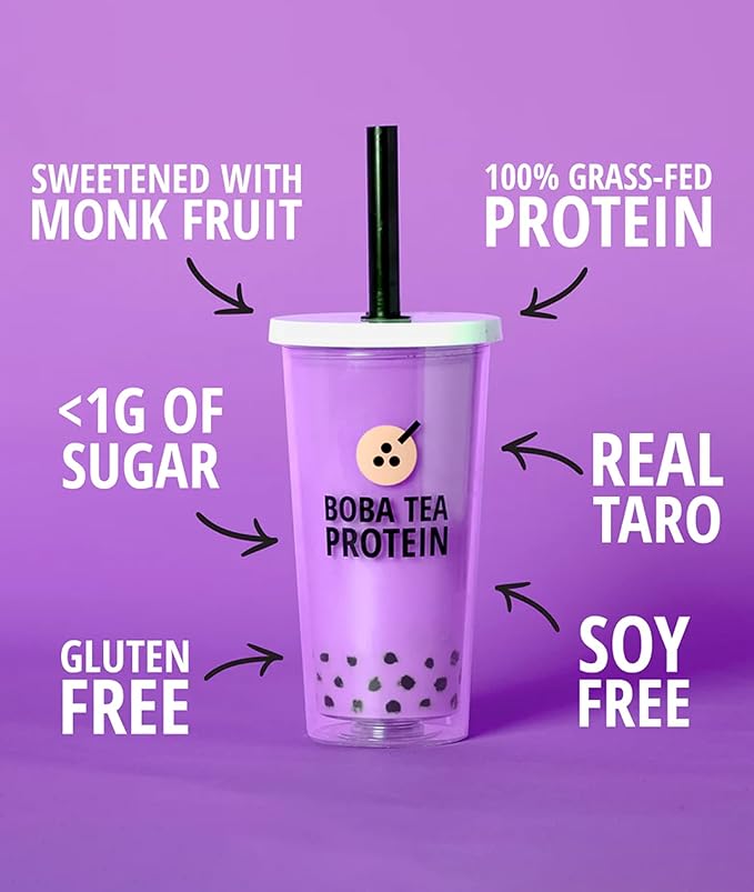 Boba Tea Protein Taro Milk | 25g Grass-Fed Whey Protein Isolate Powder | Gluten-Free &amp Soy-Free Bubble Tea Drink | Real Ingredients &amp Lactose-Free Protein Drink | 25 Servings