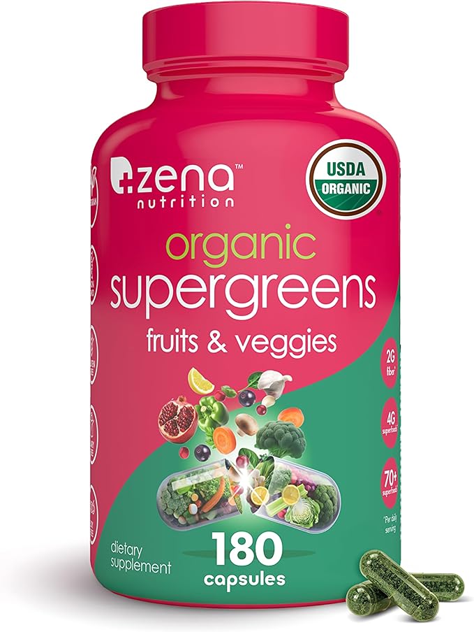 Zena Nutrition Organic Super Greens Fruit &amp Veggies Supplement 70+ Superfoods from Fruit &amp Vegetables Spirulina Chlorella Prebiotics &amp Probiotics Digestive Enzymes for Gut Health 180