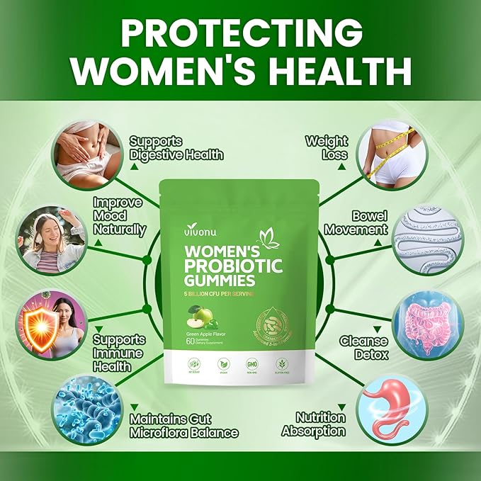 VivoNu Viginal Probiotic for Women Women Probiotic Gummies Feminine Balance Gummies Green Apple Probiotics for Woman Vaginigal Health Yeast Ph Balance