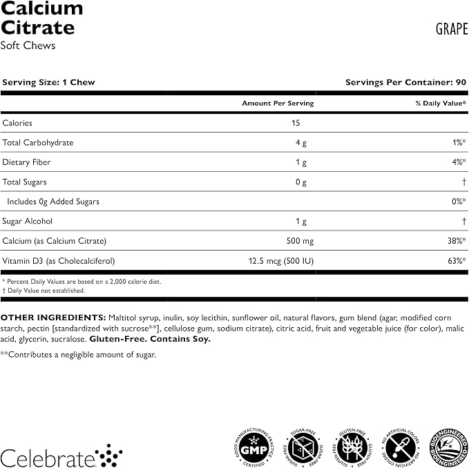 Celebrate Vitamins Bariatric 500mg Calcium Citrate Soft Chews with 500 IU Vitamin D3 – Essential for Gastric Bypass Patients &amp Bone Health - Sugar &amp Gluten Free Grape (90 Chews)