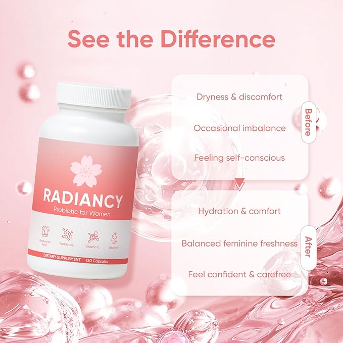 Radiancy Probiotic for Women Vaginal Health - Vaginal Dryness &amp Ph Balance with Lactobacillus Strains Cherry Blossom Extract Hyaluronic Acid Vitamin C | 120 Count