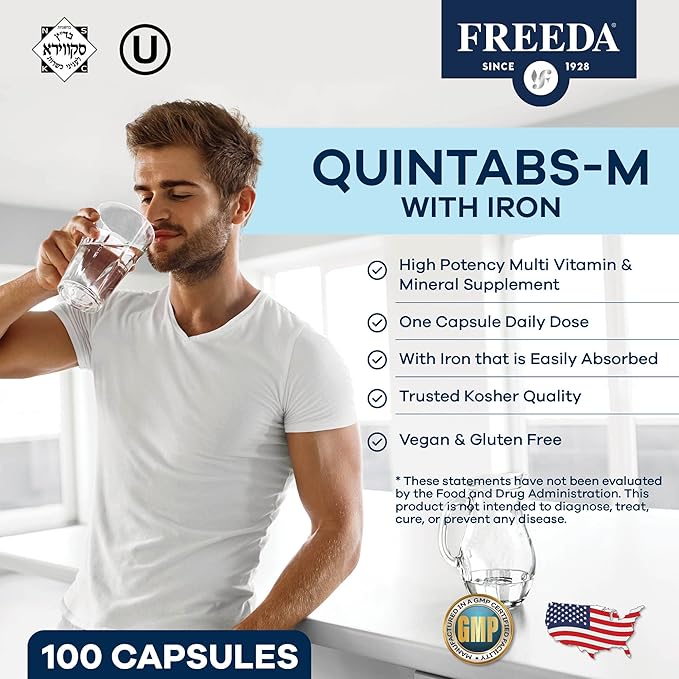 FREEDA Multivitamin – Quintabs-M with Iron – Kosher Multi Vitamins Supplements for Women Health - Multivitamins for Women &amp Iron-Deficient Men Adult Vitamins Multivitamin (100)