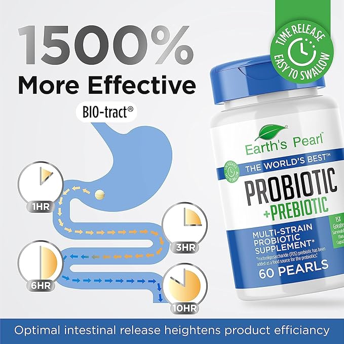 Earth's Pearl Probiotics for Women &amp Men &amp Kids - Pearl-Shaped Probiotic &amp Prebiotics with BIO-Tract® 4 Billion CFU Gut Health Support (60-Day Supply)