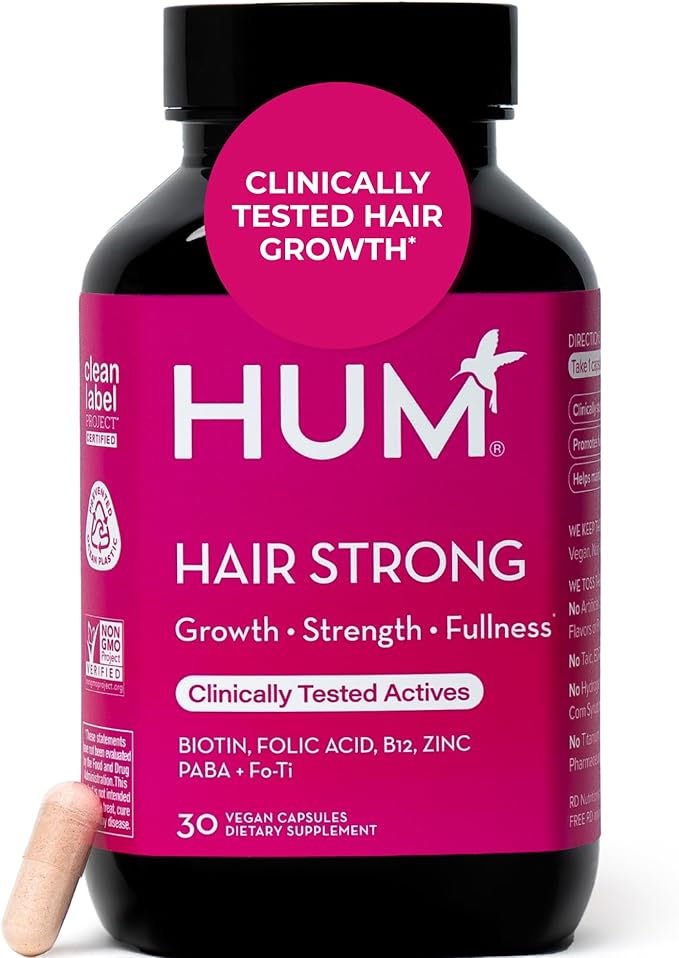 HUM Hair Strong Daily Hair Growth Supplement with Biotin Zinc Vitamin B12 to Support Growth Folic Acid &amp Vitamin B12 Vitamins for Healthy Hair Support for Women and Men 30 Vegan Capsules