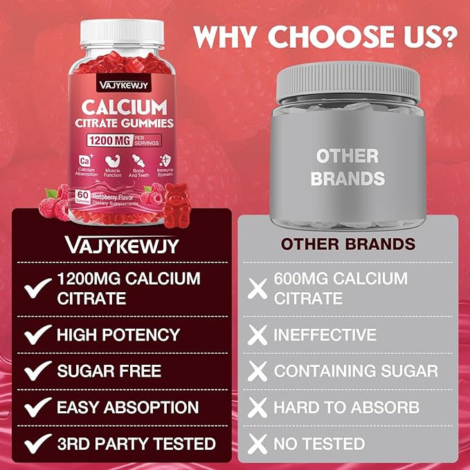 Calcium Citrate Gummies 1200mg for Adults &amp Kids - Bone &amp Teeth Support Easy Absorption Delicious Raspberry Flavor - Non-GMO Gluten Free Vegan - 120 Count