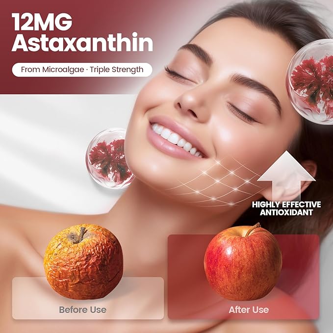 10 in 1 Astaxanthin Supplements 12mg 16 Month Supply Astaxantina Antioxidant from Fresh Haematococcus Pluvialis Contains Lycopene Grape Seed Vitamin E More Supports Eye Joints Skin Health 4Bag
