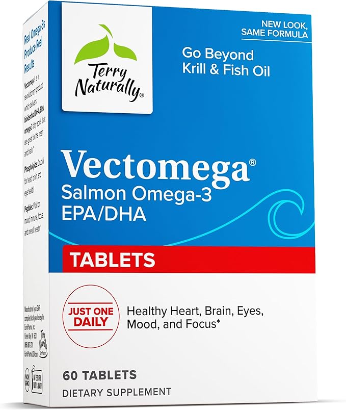 Terry Naturally Vectomega - Supplement with EPA &amp DHA - Omega-3 Tablets for Brain &amp Heart Health Support - Nutritional Supplement with Essential Fatty Acids &amp Peptides - 60 Tablets