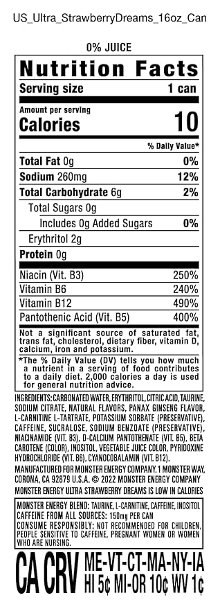 Monster Energy Ultra Strawberry Dreams Sugar Free Energy Drink 16 Ounce | Pack of 15