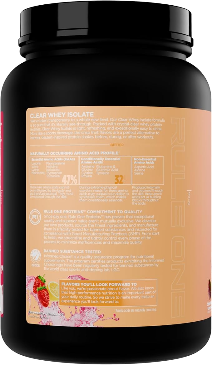 Rule 1 Clear Whey Isolate - 20g All-Whey Isolate Protein Mix Over 9g EAAs 90 Calories Zero Sugar Easy to Digest Light Crisp and Refreshing Taste (27 Servings Strawberry Lemonade)