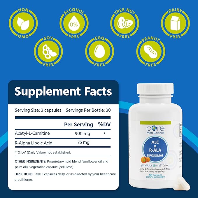 Core Med Science Liposomal ALC &amp R-ALA Supplement Capsules - Acetyl-L-Carnitine (900mg) &amp R-Alpha Lipoic Acid (75mg) - Promotes Energy &amp Focus - Supports Mental Function &amp Memory Cogni