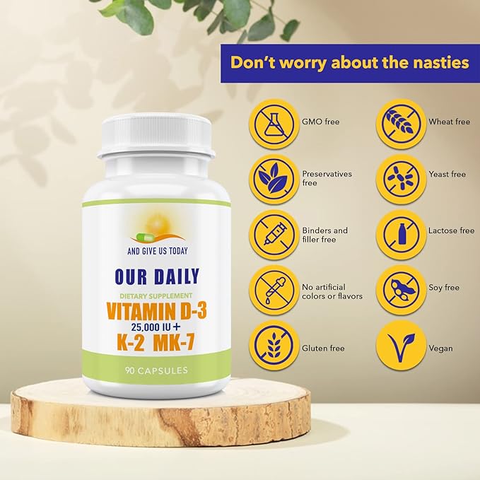 Our Daily Vites Vitamin D-3 25000 IU + K2 - High Potency D3 with Vitamin K Bone Immune Mood + Cardiovascular Support Supplement