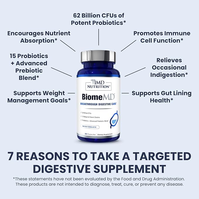1MD Nutrition BiomeMD Probiotics | 62 Billion CFUs 15 Comprehensive Strains - Pro &amp Prebiotics | Doctor-Formulated for Digestive Health &amp Immune Support | 60 Capsules