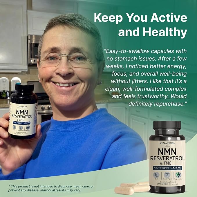 VINATURA NMN Complex Supplement 1325MG - NMN 1000mg with Resveratrol and TMG Support NAD+ 60 Capsules