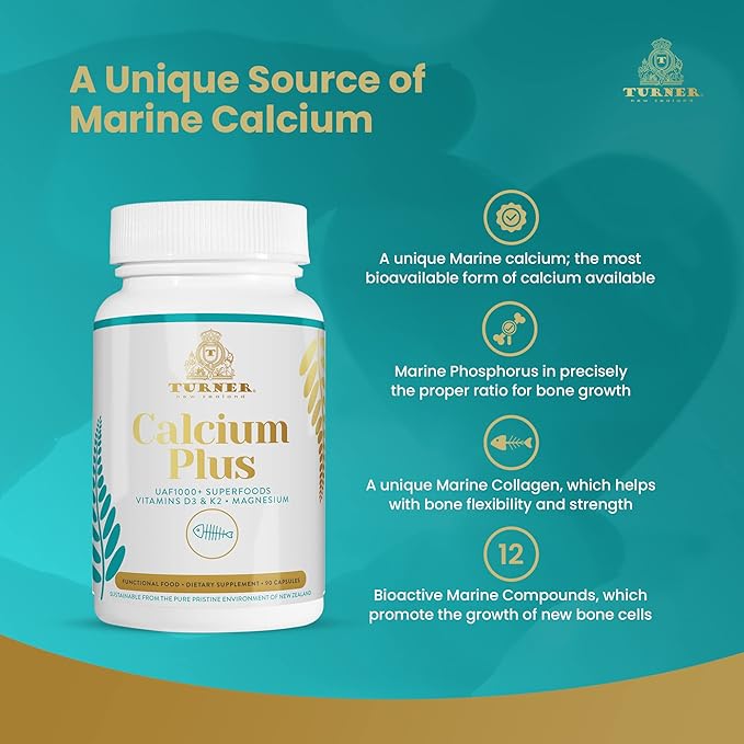 TURNER Calcium Plus All-Natural Marine Calcium Supplement with Magnesium + Vitamins K2 &amp D3 Supports Bone Density &amp Joint Health 1 Bottle 90 Capsules