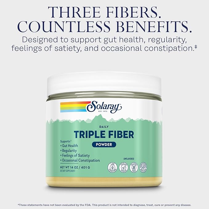 SOLARAY Triple Fiber Powder - Daily Fiber Supplement for Women and Men w/Prebiotics - Gut Health Occasional Constipation Digestive Health Support Unflavored Vegan Gluten Free 30 Servings 14oz
