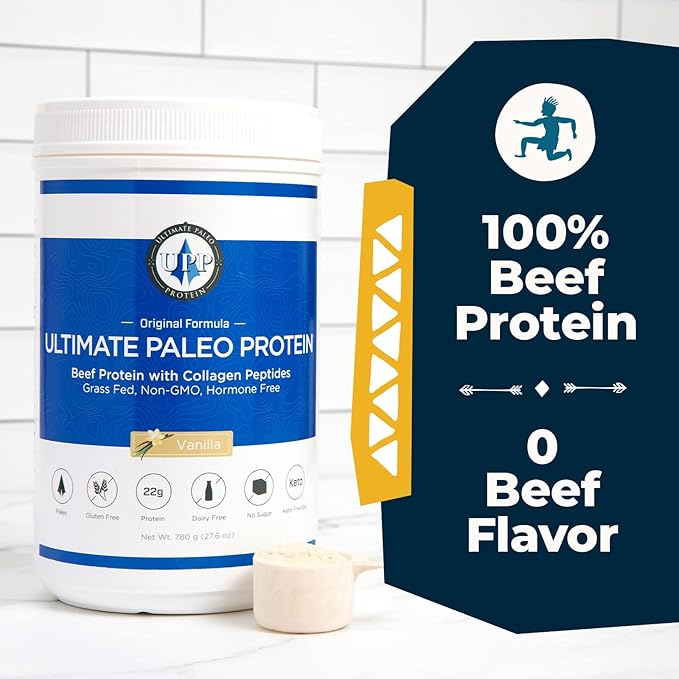 Ultimate Paleo Protein Powder | Premium Grass Fed Beef Protein with Collagen Peptides | Paleo Friendly Gluten Free Keto Friendly No Artificial Sweeteners or Preservatives - Vanilla 15 Servings
