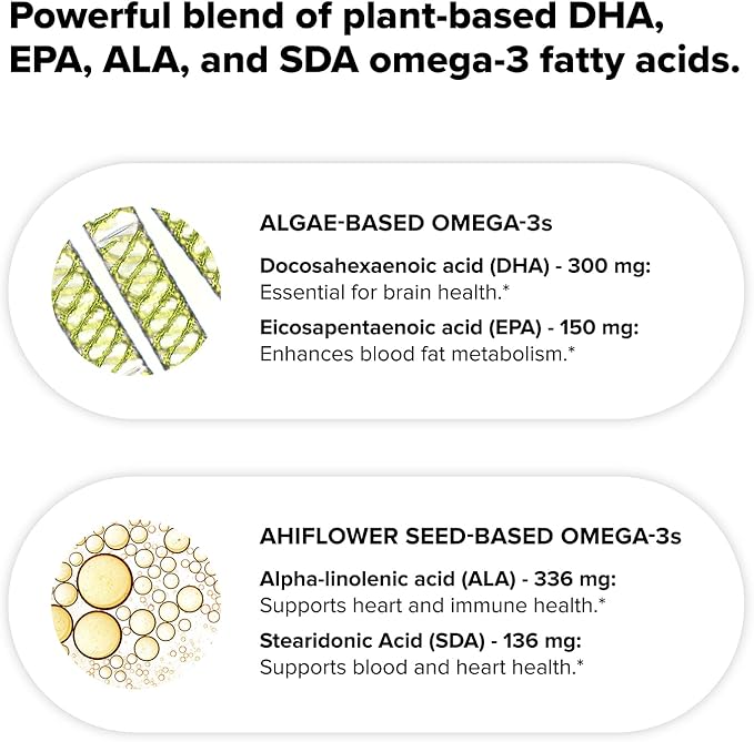 Complement Vegan Omega 3 Supplement- 960mg Omega-3 Fatty Acids DHA EPA SDA ALA Supplement - Immune Support- 60 Servings 120 Liquid Capsules