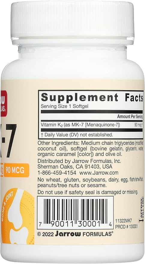 Jarrow Formulas MK-7 90 mcg - Bioactive Form of Vitamin K2-60 Servings (Softgels) - for Bone &amp Cardiovascular Health - Vitamin K2 MK-7 Dietary Supplement - K2 Vitamin Supplement MK-7 - Gluten Free