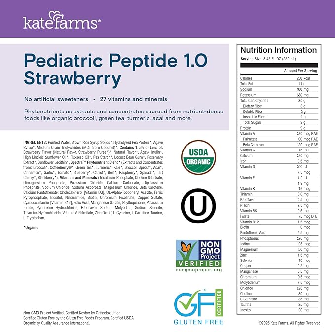 KATE FARMS Organic Pediatric Peptide 1.0 Formula Strawberry Sole-Source Hydrolyzed Plant-Based Nutrition for Oral or Tube Feeding 8.45 oz (12 pack)