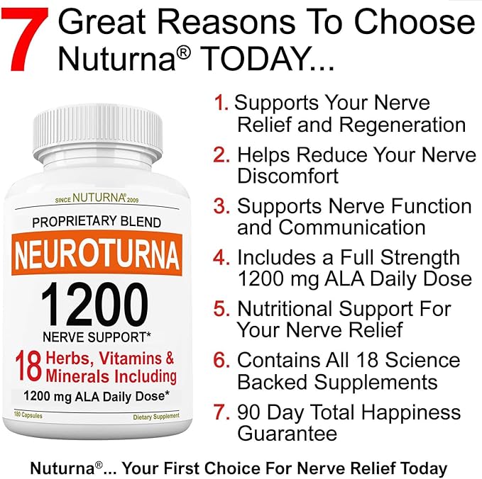 Neuroturna Support Supplement with 1200 mg Pure Alpha Lipoic Acid - Maximum Strength Formula with ALA + Vitamins + Minerals + Herbs - Best Natural Support - 180 Capsules