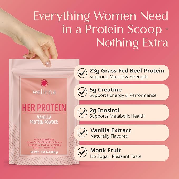 Wellena Her Protein – 3-in-1 Whey-Free Beef Isolate Formula with Creatine &amp Inositol – Grass-Fed Protein Powder – Dairy &amp Pea Free – Women’s Daily Nutrition