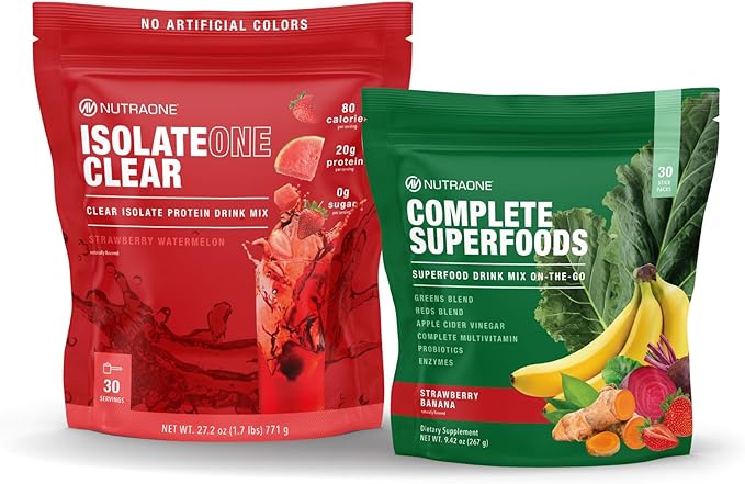 NutraOne Complete Superfoods Stick Pack + IsolateOne Clear Whey Isolate Bundle – Daily Multivitamin + Clean Clear Protein for Whole-Body Wellness &amp Muscle Recovery