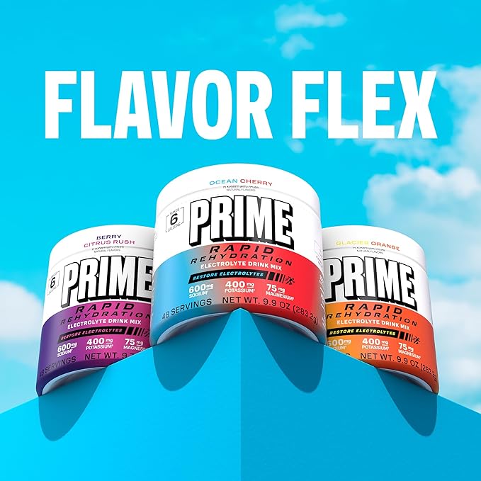 Prime Rapid Rehydration Electrolyte Powder Ocean Cherry Sugar Free Hydration Drink Mix with Sodium Potassium Magnesium &amp B Vitamins to Replenish Fluids Caffeine Free 6 Gallon Tub 48 SRV