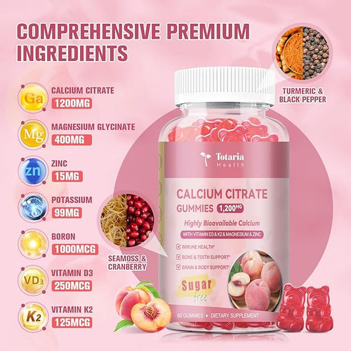 2 Pack Calcium Citrate Gummies 1200 mg - Calcium Supplements for Women with Vitamin D3 &amp K2MagnesiumZinc - Sugar Free Calcium Gummies for Bone &amp Teeth &amp Immune Support- Peach Flavor